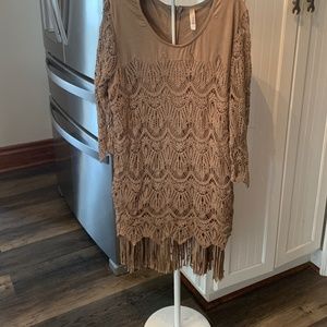 Monoreno micro suede macrame and fringed dress. Worn a few time. Very good condi